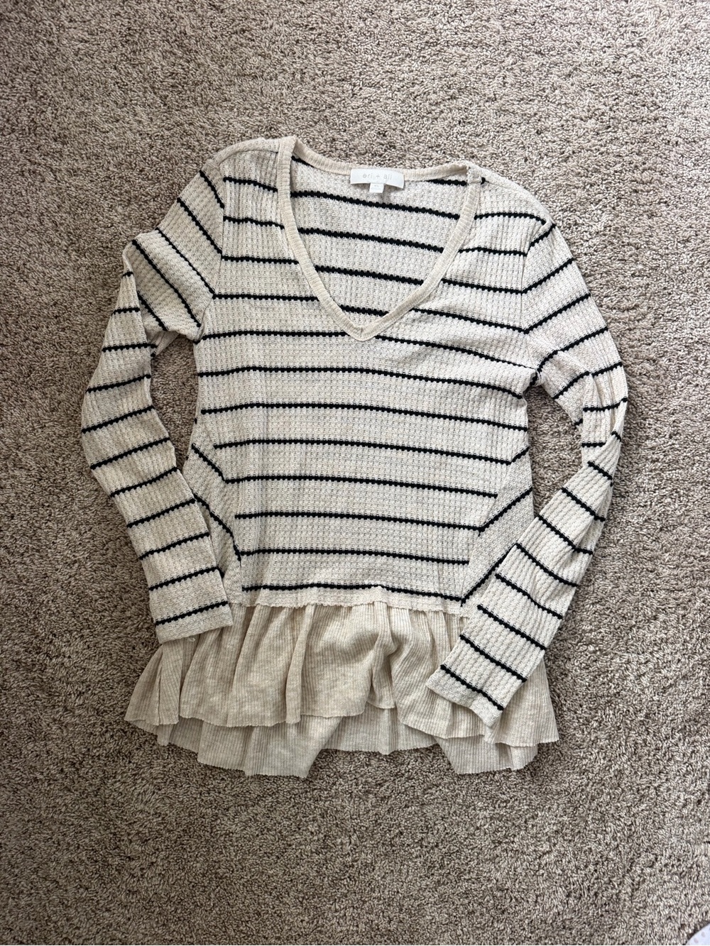 Anthropologie Striped V-Neck Ruffle Hem Women's Top - Cream & Black